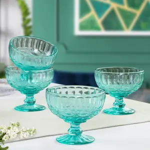 Set of 4 Vintage Turquoise Blue Glass Trifle Bowl and Dessert Bowls