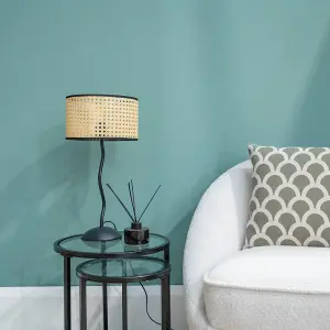 ValueLights Black Metal Wavy Single Stem Table Lamp with a Natural Cane Wicker Black Trim Shade - Bulb Included