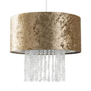 ValueLights Boland Modern Gold Velvet Cylinder Ceiling Pendant Light Shade with Clear Acrylic Droplets