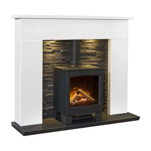 Acantha Toledo White Marble Fireplace with Lunar Electric Stove in Charcoal Grey & Downlights, 54 Inch