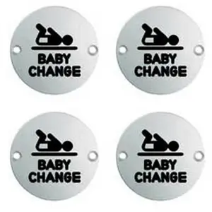 4x Bathroom Door Baby Change Sign 64mm Fixing Centres 76mm Dia Satin Steel