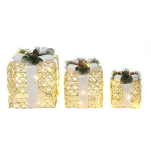 Set of 3 Rattan Weaving LED Light Up Christmas Gift Box Glitter Party Xmas Tree Decor Parcel Presents Set with Bow