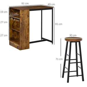 HOMCOM 3 Pieces Bar Table Set 1 Table 2 Stools w/ Storage Shelf