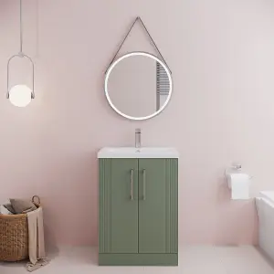 Retro 2 Door Floor Standing Vanity Unit with Mid-Edge 1 Tap Hole Ceramic Basin - 600mm - Satin Green - Balterley