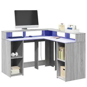 Berkfield Desk with LED Lights Grey Sonoma 130x130x91 cm Engineered Wood