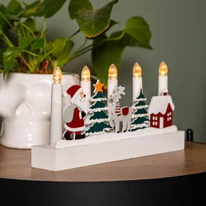 28cm Battery Operated Light up White Wooden Christmas Candle Bridge with Santa Scene and 5 LEDs