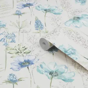 Fresco Floral Sketch Blue Wallpaper