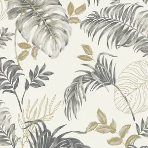 Grandeco Allison Palm Leaf Foliage Blown Vinyl Wallpaper, Grey White