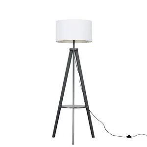 Ismay 149 cm Morrigan Wood Tripod Floor Lamp with Shelf & XL Reni Shade Grey / White / Yes