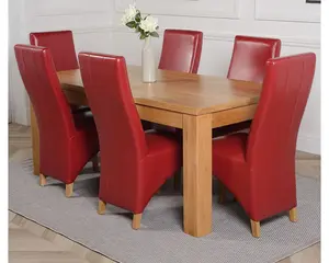 Dakota 182 x 92 cm Chunky Oak Large Dining Table and 6 Chairs Dining Set with Lola Burgundy Leather Chairs