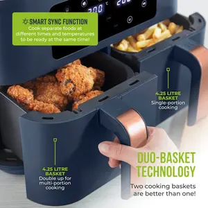 Tower Vortx Dual Basket Air Fryer with Two 4.25L Baskets 2400W Midnight Blue/Rose Gold