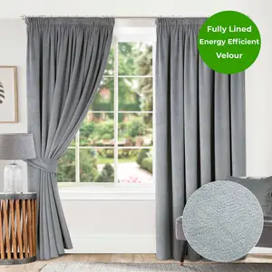 Home Curtains Montreal Super Soft Velour Fully Lined 90w x 72d" (229x183cm) Soft Grey 3" Pencil pleat Curtains (PAIR)