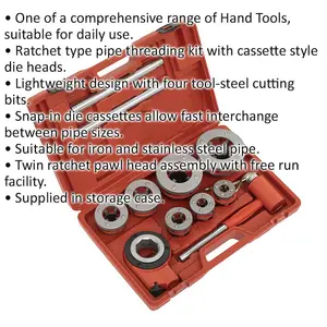 Premium Ratcheting Pipe Threading Kit for BSPT Sizes 3/8" to 2" with Cassette Style Die Heads