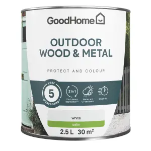 GoodHome Outdoor White Satinwood Multi-surface paint, 2.5L