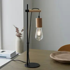 Luminosa Sven Complete Table Lamp, Matt Black, Natural Wood