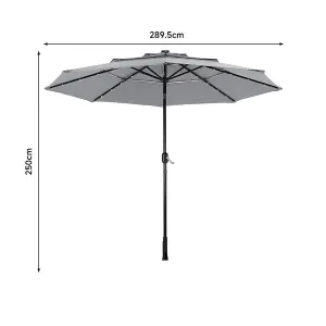 2.89M Tiltable Garden Parasol Outdoor Sun Shade Umbrella with Solar LED Lights Crank Tilt No Base, Light Grey