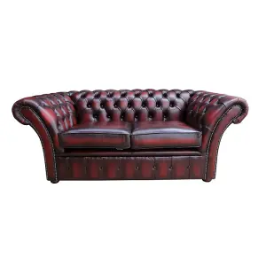 Chesterfield 2 Seater Sofa Settee Antique Oxblood Red Real Leather In Balmoral Style