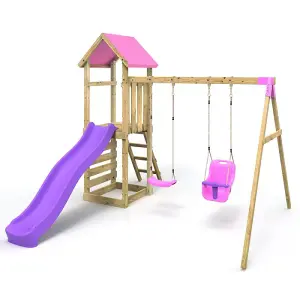 Rebo Adventure Wooden Climbing Frame, Swing Set and Slide - Rainier Pink