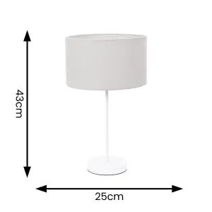 ValueLights Charles White Single Stem Table Lamp with Grey Drum Lamp Shade and LED Bulb