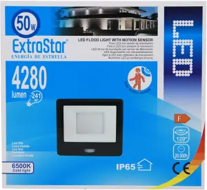 Extrastar 50W LED Floodlight PIR Motion Sensor, IP65, 6500K, 4280 lumens, time delay adjustment