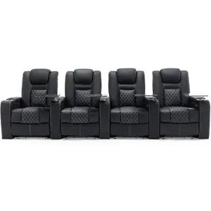 Broadway 4 Seater Electric Recliner Cinema Sofa USB Charging Led Base With Tray (Black w White Stitching)