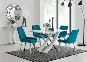 Furniturebox UK Mayfair 4 White High Gloss And Stainless Steel Dining Table And 4 Blue Pesaro Silver Leg Chairs