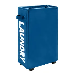 Navy Polyester Laundry Hamper Collapsible Medium Laundry Basket with Wheels - 38L