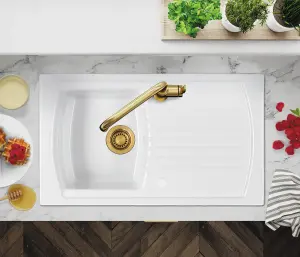 Luna Ceramic Kitchen Sink White 1 Bowl & Drainer With Brass Waste - Reversible - SO1BWT + W90OAB