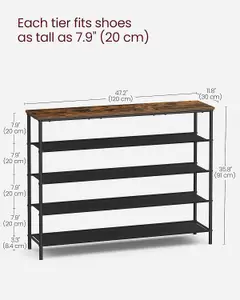 VASAGLE Shoe Storage Shelf 5 Tier, Narrow Shoe Organizer, 4 Fabric Shelves & Upper Section, Industrial, Rustic Brown & Black