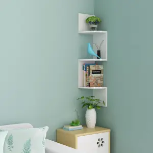 3 Tiers Wall Mount Corner DIY Wooden Shelf Floating - White