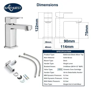 BATHWEST Basin Tap Mixer Monobloc Single Lever Mixer Taps for Bathroom Sink Multi-Layer Chromed Solid Brass Basin Tap