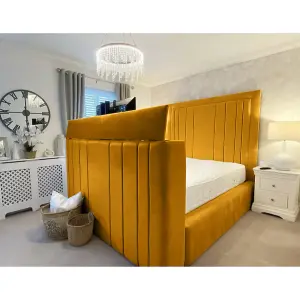 Genna Plush Velvet Mustard TV Bed Frame