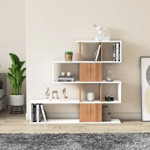 Karlin Geometric Bookcase Bookshelf Shelving Unit White/Teak