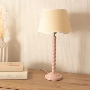 ValueLights Bobbins Painted Rose Table Lamp with Linen Scallop White Trim Shade and LED Bulb