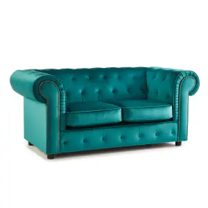 Ashbourne Chesterfield Large Teal Velvet Fabric 2 Seater Sofa Studded Design