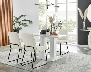 Furniturebox UK 4 Seater Dining Set - Imperia White High Gloss Dining Table and Chairs - 4 Cream Halle Black Leg Chairs