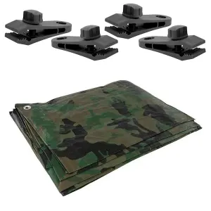 Camo 3 x 4 m Tarpaulin Waterproof Heavy Duty Cover Ground Sheet Camping Multipurpose Furniture Caravan with 4 Tarp Clips