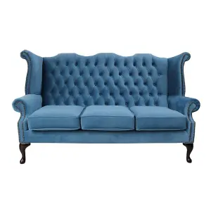 Chesterfield 3 Seater High Back Wing Sofa Amalfi Cadet Blue Velvet In Queen Anne Style