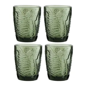 Set of 4 Vintage Luxury Green Leaf Embossed Drinking Glass Tumblers 260ml