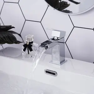 BATHWEST Waterfall Basin Taps Square Chrome Brass Cloakroom Bathroom Sink Taps for Basin