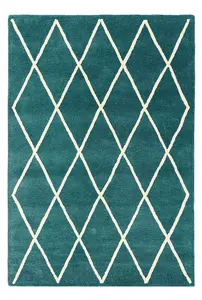 Diamond Teal Wool Chequered Geometric Luxurious Modern Handmade Rug for Living Room and Bedroom-160cm X 230cm