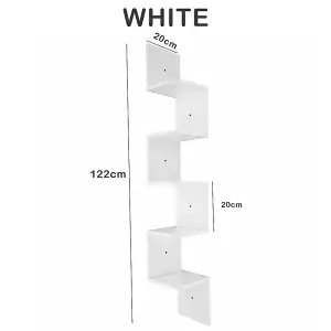 5 Tiers Wall Mount Corner DIY Wooden Shelf Floating - White