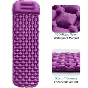 Lightweight Sleeping Mat With Pillow Ultra Light Inflatable Camping Mattress 5.5cm - Purple