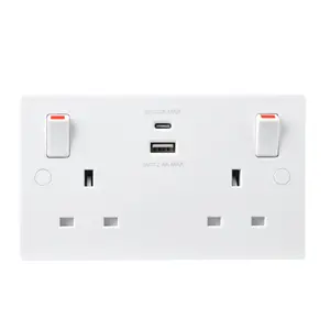 BG White Double 13A Raised square Switched Screwed Socket with USB, x2 & White inserts