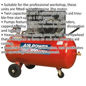 100 Litre Mobile Belt Drive Air Compressor - 3hp Motor - Quick Release Coupling