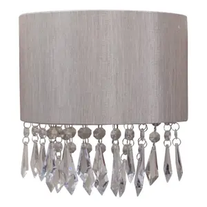 First Choice Lighting Set of 2 Jewelled Silver Grey Fabric Wall Lights With Clear Beaded Crystal Style Strings