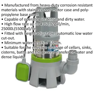 High Flow Submersible Dirty Water Pump with Automatic Cut-Out - 417L/Min - 230V for Efficient Drainage