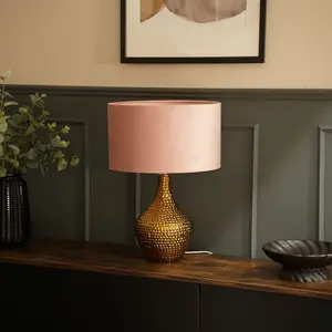 Deshi Metallic Gold Ceramic Table Lamp with Blush Velvet Reni Shade and 6W GLS Warm White Bulb Blush / No