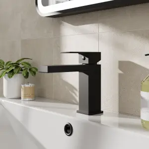 Square Mono Basin Mixer Bathroom Sink Tap & Push Button Waste - Matt Black - Balterley