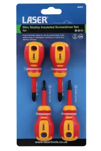 Laser Tools 8491 4pc Slim Stubby Insulated Screwdriver Set Mixed Profile